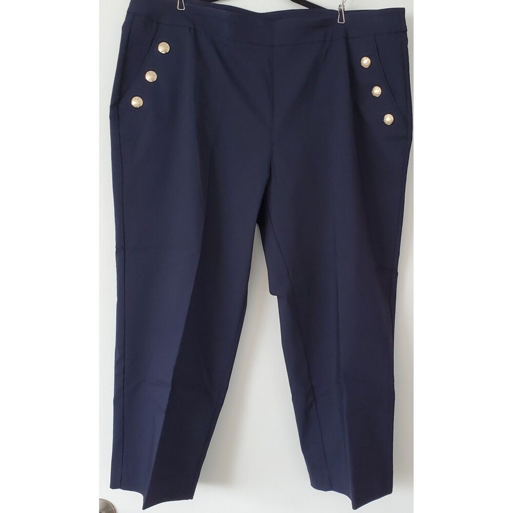NWT Zac & Rachel Sailor Dress Pants Women 20W Slim Crop Navy Blue, Gold Button